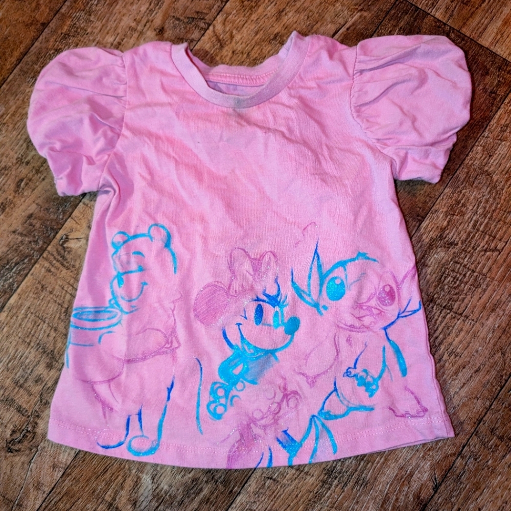 Disney 100 year ann. special edition pink character puff sleeve t-shirt 3T EUC
